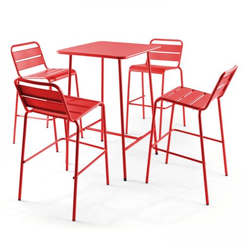 Table De Bar 70x70x105cm Et 4 Chaises Hautes 49x58x101cm, En Acier, Palavas Rouge