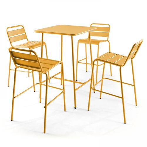 Table De Bar 70x70x105cm Et 4 Chaises Hautes 49x58x101cm, En Acier, Palavas Jaune