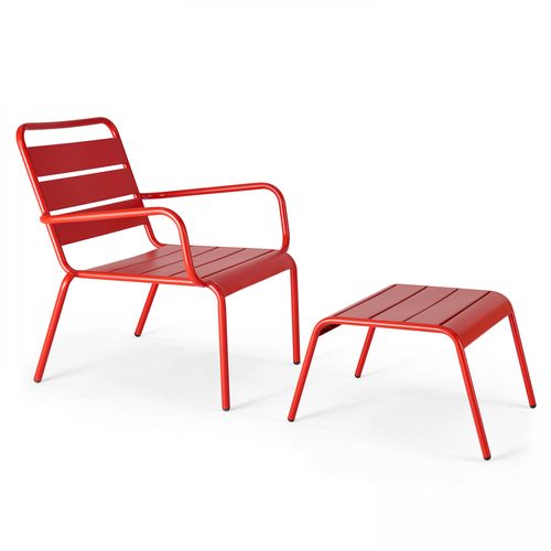 Lot 2 Fauteuils Relax Avec Repose-pieds Métal Gris Et Rouge Palavas