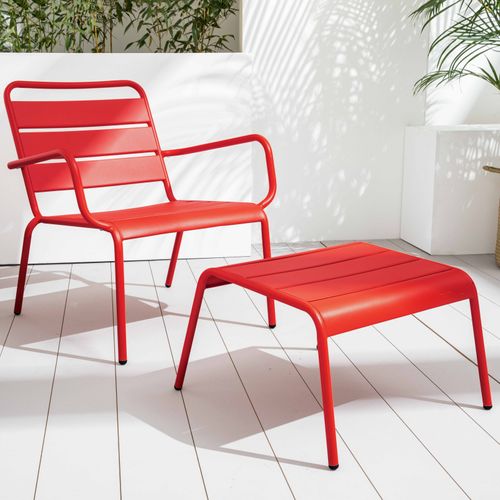 Lot 2 Fauteuils Relax Avec Repose-pieds Métal Gris Et Rouge Palavas