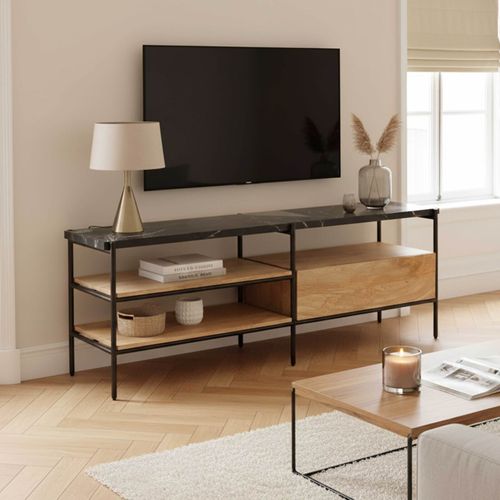 Meuble TV En Marbre Et Manguier Massif 150 Cm Noir