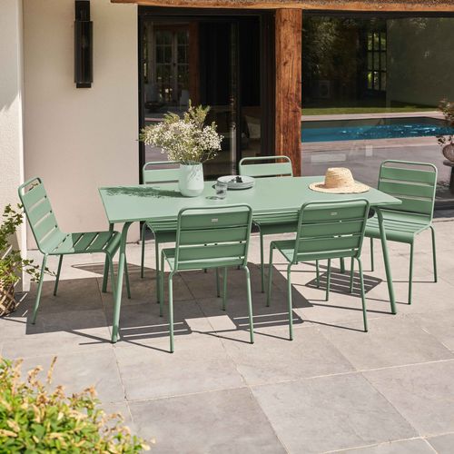 Ensemble Table De Jardin Et 6 Chaises En Métal Vert Sauge Palavas