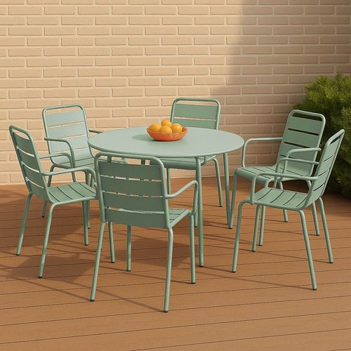 Ensemble Table De Jardin Ronde Et 6 Fauteuils Acier Vert Sauge Palavas