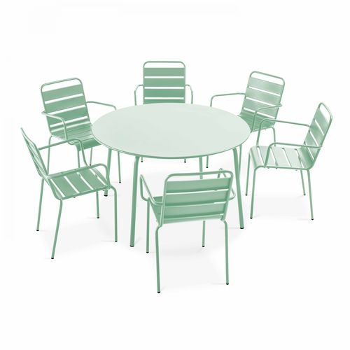 Ensemble Table De Jardin Ronde Et 6 Fauteuils Acier Vert Sauge Palavas