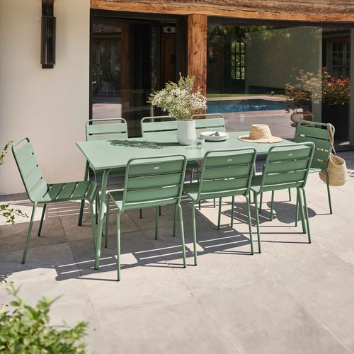 Ensemble Table De Jardin Et 8 Chaises En Métal Vert Sauge Palavas