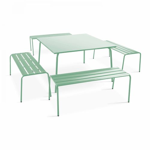 Ensemble Table De Jardin Carrée Et 4 Bancs En Métal Vert Sauge Palavas