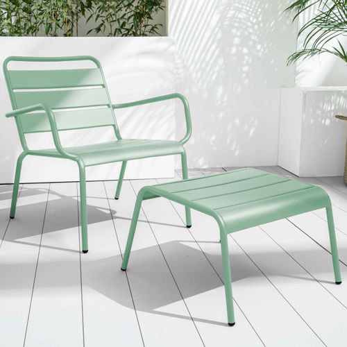 Lot 2 Fauteuils Relax Avec Repose-pieds Métal Gris Et Vert Sauge Palavas