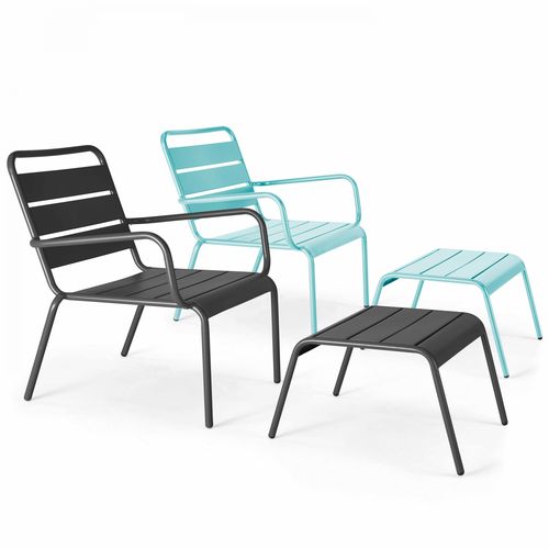 Lot 2 Fauteuils Relax Avec Repose-pieds Métal Gris Et Turquoise Palavas