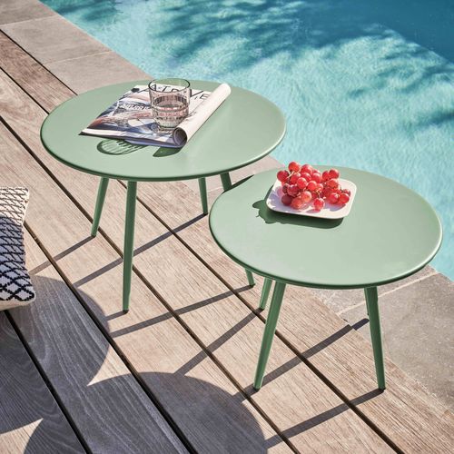 Lot De 2 Tables Basses De Jardin En Acier Vert Sauge 50 Cm Palavas
