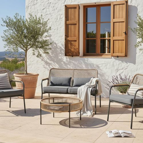 Salon De Jardin 4 Places En Rotin Synthétique Bois/gris Kenya