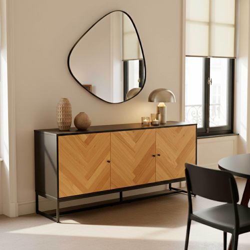 Buffet 3 Portes Décor Mélaminé 160 Cm Chêne Et Noir