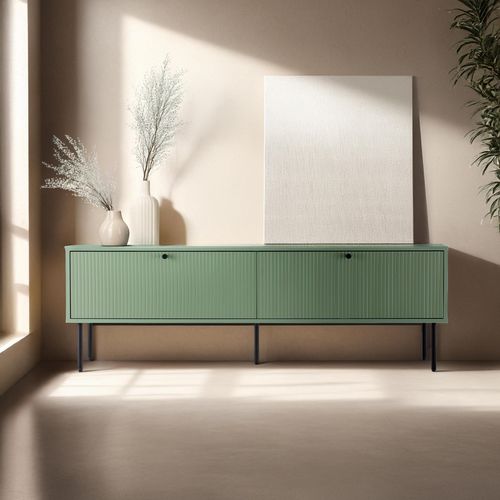 Meuble TV 2 Portes En Acier Et Mdf Décor Mélaminé 150 Cm Vert Sauge