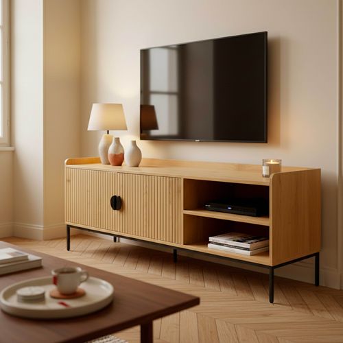 Meuble TV En Acier Et Mdf Décor Mélaminé 150 Cm Beige