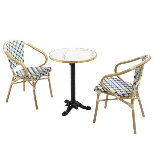 Ensemble Table De Terrasse Marbre Blanc Et 2 Chaises Bleu