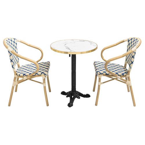 Ensemble Table De Terrasse Marbre Blanc Et 2 Chaises Bleu