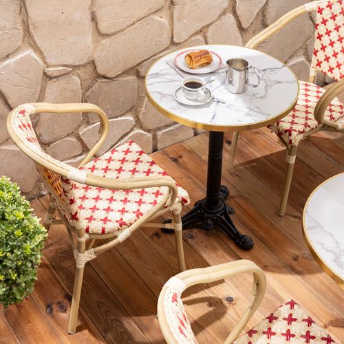 Ensemble Table De Terrasse Marbre Blanc Et 2 Chaises Rouge