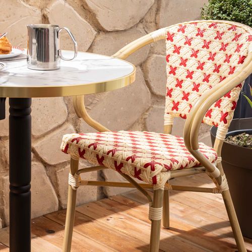 Ensemble Table De Terrasse Marbre Blanc Et 2 Chaises Rouge