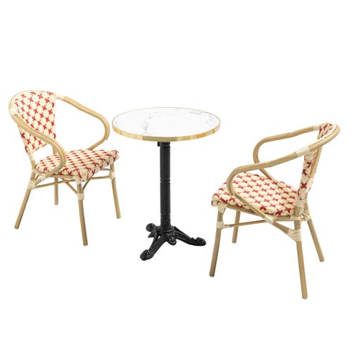 Ensemble Table De Terrasse Marbre Blanc Et 2 Chaises Rouge