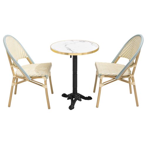 Table De Terrasse 60cm Inclinable Marbre Blanc Et 2 Chaises Bleu
