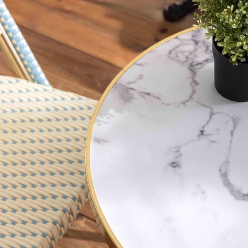 Table De Terrasse 60cm Inclinable Marbre Blanc Et 2 Chaises Bleu