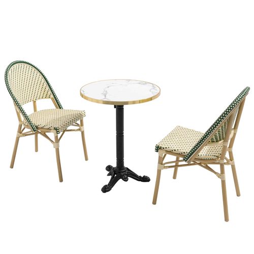Table De Terrasse 60cm Inclinable Marbre Blanc Et 2 Chaises Vert