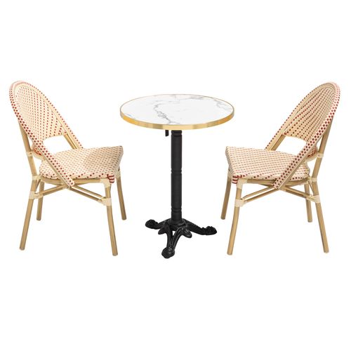Table De Terrasse 60cm Inclinable Marbre Blanc Et 2 Chaises Rouge