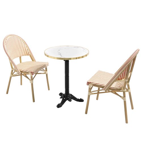 Table De Terrasse 60cm Inclinable Marbre Blanc Et 2 Chaises Rouge