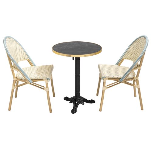 Table De Terrasse 60cm Inclinable Marbre Noir Et 2 Chaises Bleu
