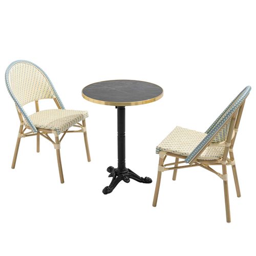 Table De Terrasse 60cm Inclinable Marbre Noir Et 2 Chaises Bleu