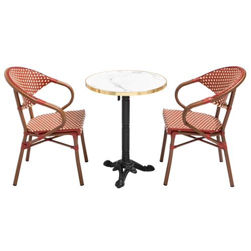 Table De Terrasse 60cm Inclinable Marbre Blanc Et 2 Chaises Rouge