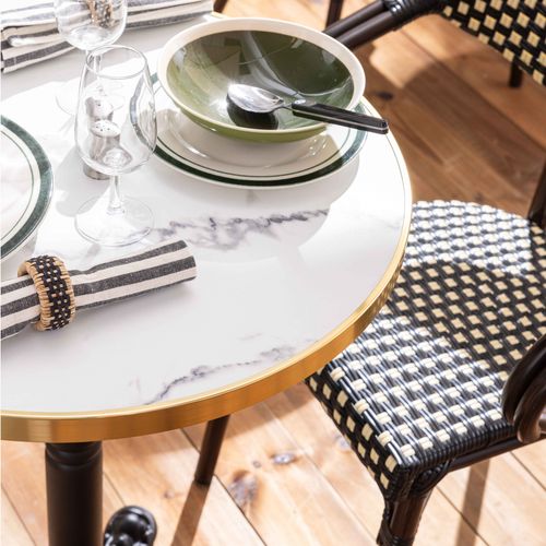 Table De Terrasse 60cm Inclinable Marbre Blanc Et 2 Chaises Noires