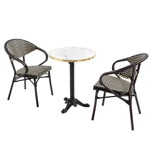 Table De Terrasse 60cm Inclinable Marbre Blanc Et 2 Chaises Noires