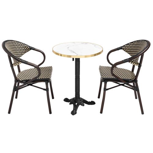 Table De Terrasse 60cm Inclinable Marbre Blanc Et 2 Chaises Noires