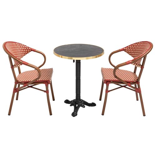 Table De Terrasse 60cm Inclinable Marbre Noir Et 2 Chaises Rouge