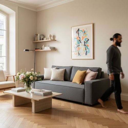 Canapé Convertible En Tissu 3 Places Gris L 220 Cm