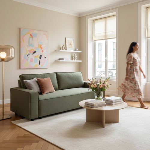 Canapé Convertible En Tissu 3 Places Vert L 220 Cm