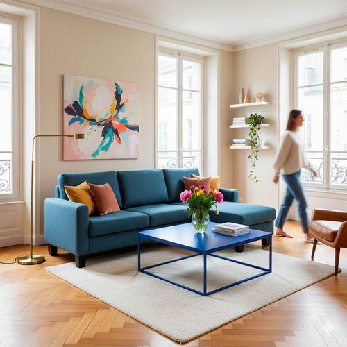 Canapé D'angle Droit En Tissu 3 Places Bleu L 192 Cm