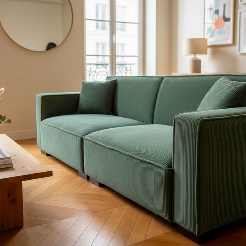 Canapé Droit En Velours Côtelé 3 Places Vert L 230 Cm