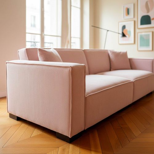 Canapé Droit En Velours Côtelé 3 Places Rose L 230 Cm  Alphy