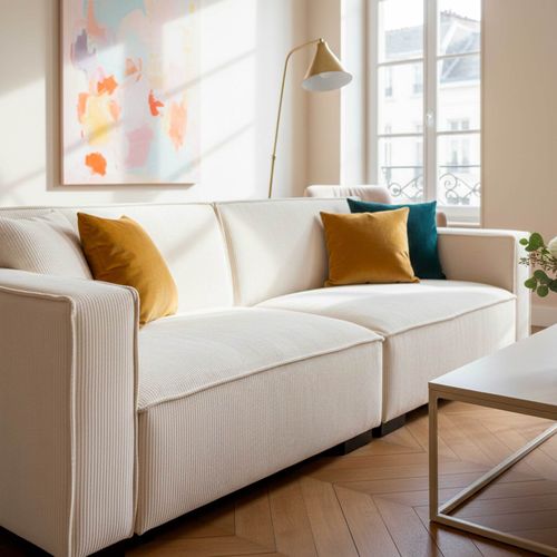Canapé Droit En Velours Côtelé 3 Places Écru L 230 Cm