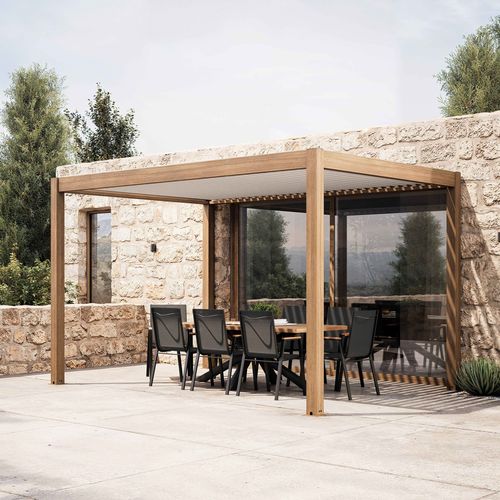 Pergola Bioclimatique Autoportée Et Motorisée Éclairée 3x4m Bois Blanc