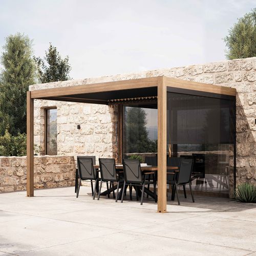 Pergola Bioclimatique Adossée 3x4m Et 1 Store En Bois Gris Oia