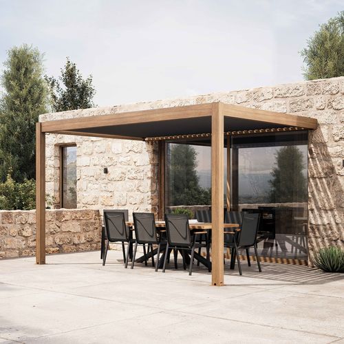 Pergola Bioclimatique Adossée 3x4m Et 1 Store En Bois Gris Oia