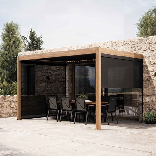 Pergola Bioclimatique Adossée 3x4m Et 2 Stores Bois Gris Oia