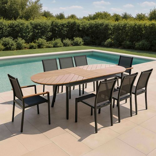 Ensemble Table Extensible 180/220 Cm Et 8 Chaises De Jardin Effet Bois