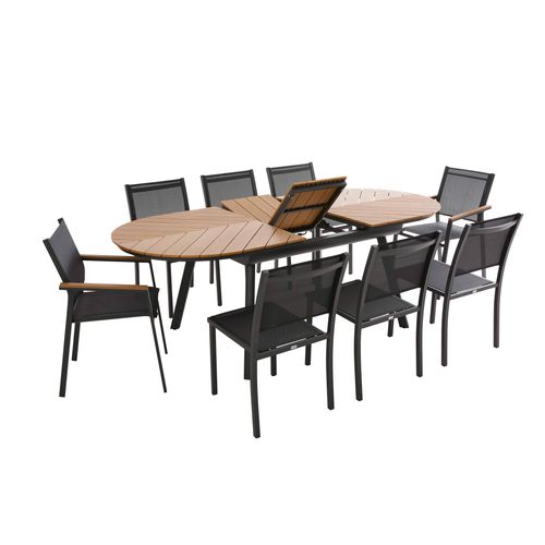 Ensemble Table Extensible 180/220 Cm Et 8 Chaises De Jardin Effet Bois
