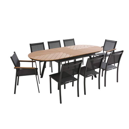 Ensemble Table Extensible 180/220 Cm Et 8 Chaises De Jardin Effet Bois