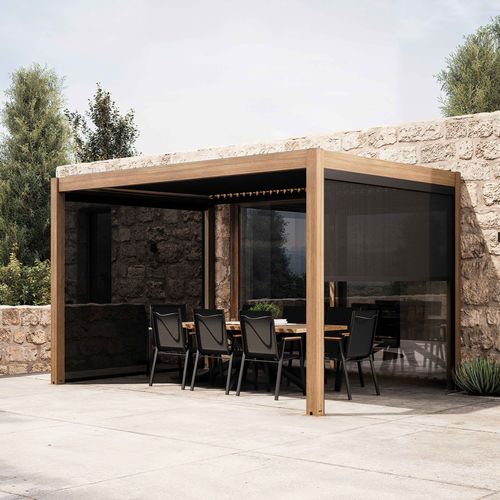 Pergola Bioclimatique Autoportée 3x4m Et 2 Stores Bois Gris Athenes