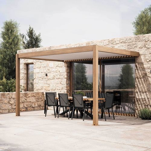 Pergola Bioclimatique Adossée 3x4m Avec 1 Store Bois Blanc Thebes