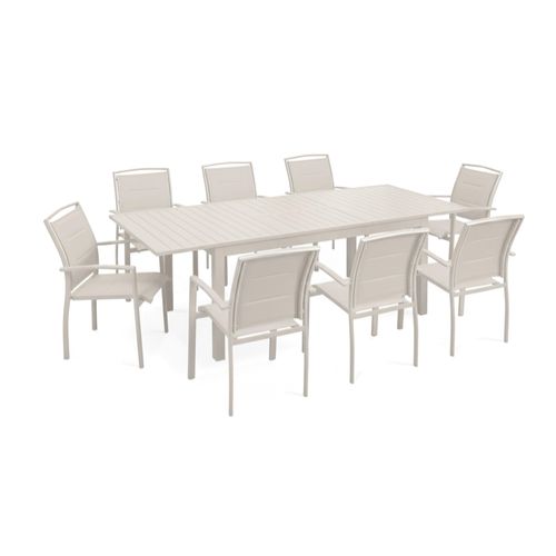 Ensemble Table De Jardin Extensible Et 8 Fauteuils En Aluminium Crème